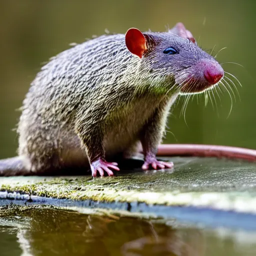 Image similar to close up photo of an australian swamp rat, drinking water from a lake in tasmania, bokeh, 4 0 0 mm lens, 4 k award winning nature photography