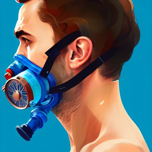 Image similar to a profile photo of a man with oxygen cylinder and mask, side profile in underwater, highly detailed, digital painting, artstation, concept art, smooth, sharp focus, illustration by Sandra Chevrier