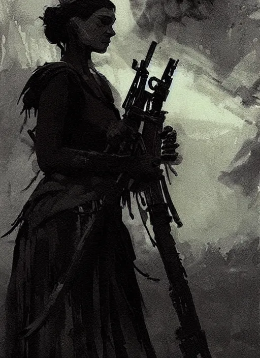 Prompt: marana slavic goddess with ak - 4 7 in arms in traditional slavic clothes : by anato finnstark kvlt by peder balke by peder balke by greg rutkowski, mystic high contrast monochromatic noir