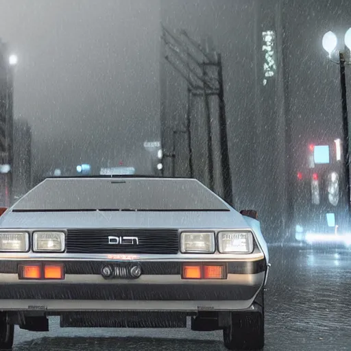 Image similar to hyperdetailed, photorealistic photograph of a dmc 1 2 delorean driving in the streets, rain, night, dense fog, hd, unreal engine 5