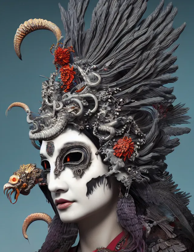 Image similar to 3 d goddess of hell close - up profile portrait with ram skull. beautiful intricately detailed japanese crow kitsune mask and clasical japanese kimono. betta fish, jellyfish phoenix, bio luminescent, plasma, ice, water, wind, creature, artwork by tooth wu and wlop and beeple and greg rutkowski