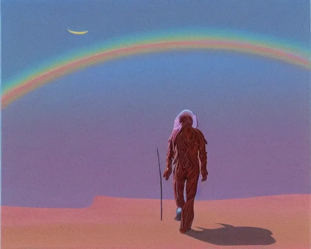 Image similar to roger dean 1 9 8 0 s art of a lone man walking in the dry desert of a strange bizarre alien planet surface lakes reflective clear blue water, rainbow in sky, imagery, illustration art, album art