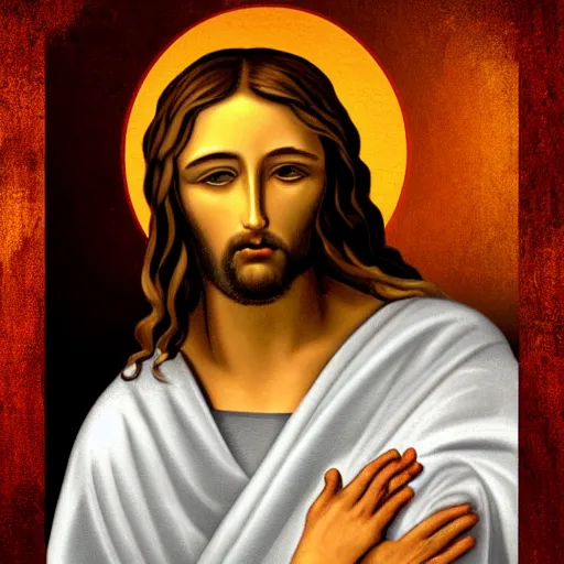 Image similar to jesus holding his right hand in his face, digital art