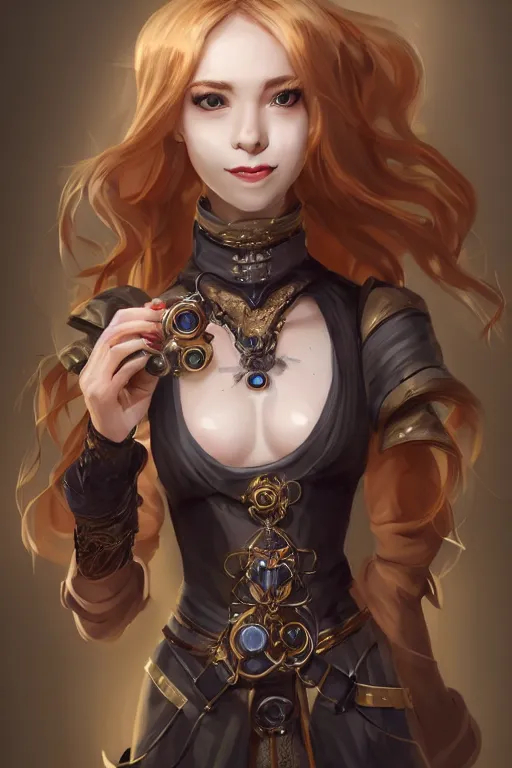 Prompt: portrait of a gorgeous young female artificer holding a strange mechanical device, looking at camera, D&D, choker on neck, stylish dress, mouth slightly open, cute slightly nerdy smile, very long flowing hair, intricate, elegant, stylish, fantasy, extremely detailed, digital painting, artstation, concept art, smooth, sharp focus, illustration, stunning lighting, art by artgerm and greg rutkowski and alphonse mucha and simon stalenhag