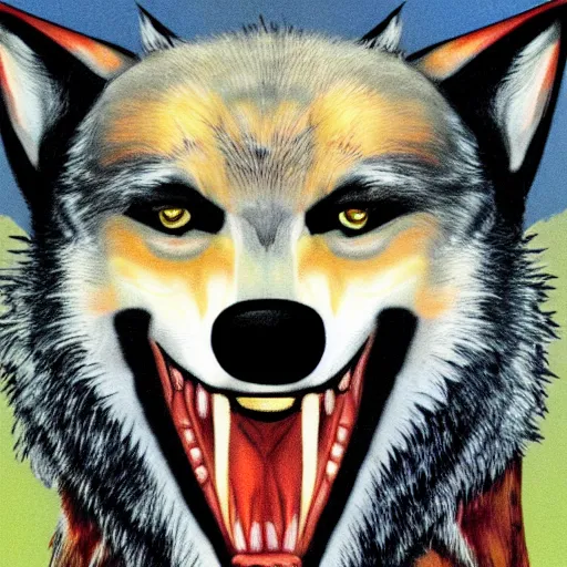 Prompt: ugly portrait of retarded wolf, eyes in different directions, rabies, big teeth, propaganda style, vivid colors
