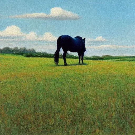 Prompt: a horse in the middle distance walking slowly. grass in the foreground. the scene is detailed and beautiful. the painting uses a limited palette of colors, which are applied in a direct and expressive manner. the composition is rhythmic.