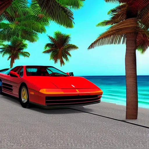 Image similar to a red Ferrari testarossa on a road next to a white sand beach with palm trees. 16bit graphics.