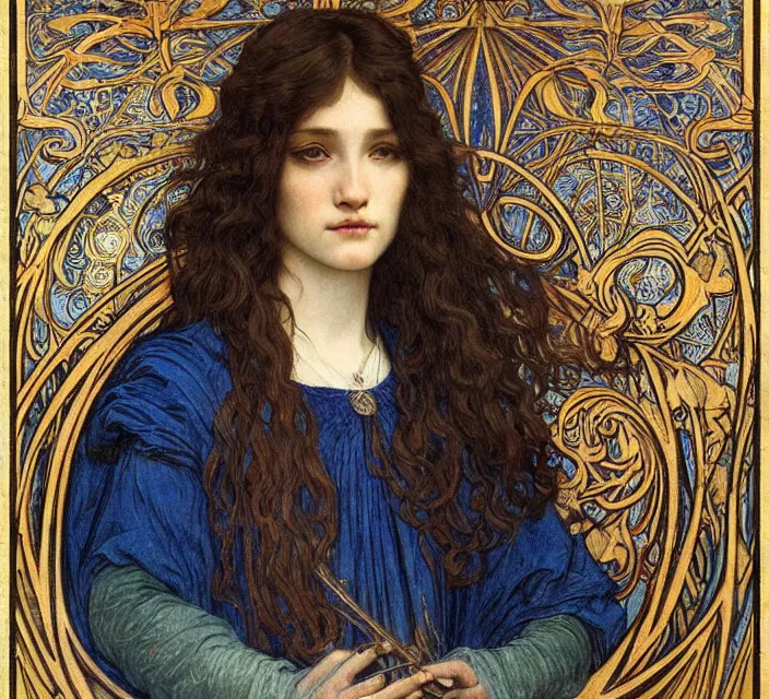Image similar to detailed realistic beautiful young medieval queen face portrait by jean delville, alphonse mucha, vincent van gogh, and marco mazzoni, art nouveau, symbolist, visionary, gothic, pre - raphaelite