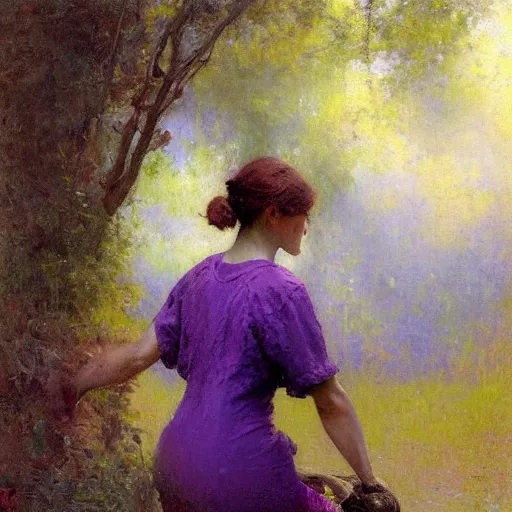 Image similar to a woman in a purple shirt with an emaciated body type, painting by Gaston Bussiere, Craig Mullins