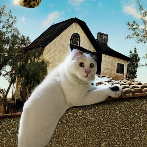 Prompt: realistic photo of a white female cat with a black spot on her trunk playing guitar, an old house with a window over a hill, blue sky