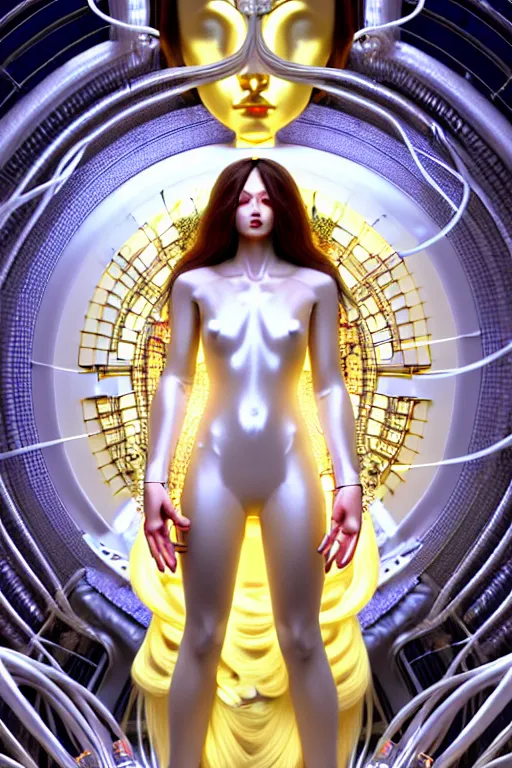 Prompt: feminine cyborg goddess rendered in Cinema 4D, elegant and ornate futuristic silk robes, held aloft by thousands of wires in a cryochamber, hands held across chest, hands raised in prayer, hands down at sides, glowing white neon eyes, platinum and golden flowing long hair, art by Artgerm and Alphonse Mucha, hyperrealism, full body photogenic shot, digital render, cinematic lighting ornate earrings, 8k resolution, masterpiece work