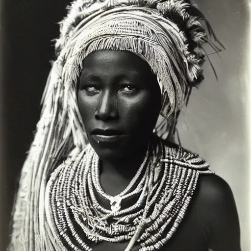 Prompt: vintage photo of a beautiful west African manding queen by edward s curtis, photo journalism, photography, cinematic, national geographic photoshoot