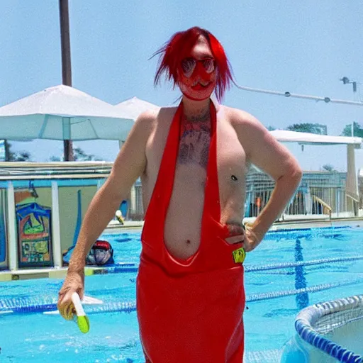 Image similar to marilyn manson working as a lifeguard at the waterpark