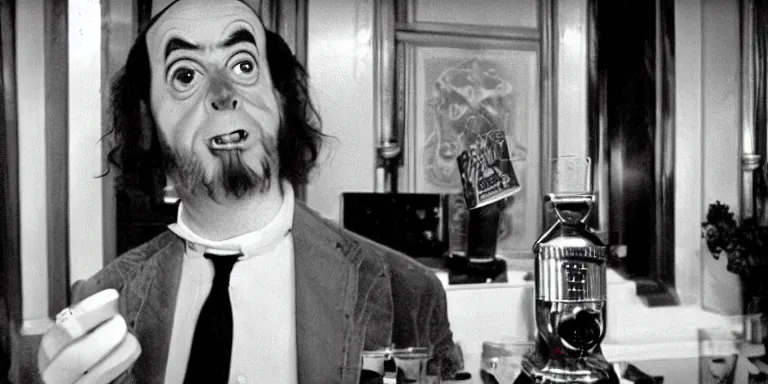 Prompt: stanley kubrick dressed as the Shining bar tender at the overlook hotel's gold room bar, shot on digital by Cinematographer John Alcott on a wide angle 9.8mm kinoptik lens