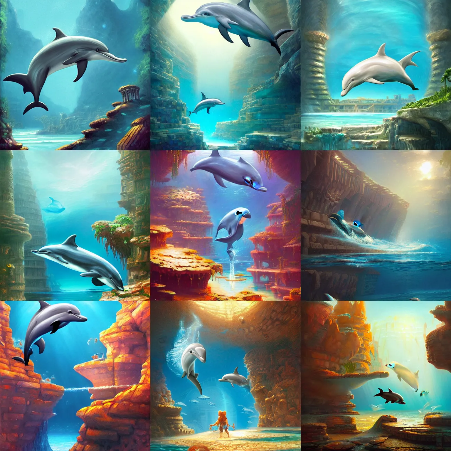 Prompt: a dolphin discovering the lost city of atlantis, artstation, by nick silva and RHADS, intricate, elegant, highly detailed, digital painting, smooth, sharp focus