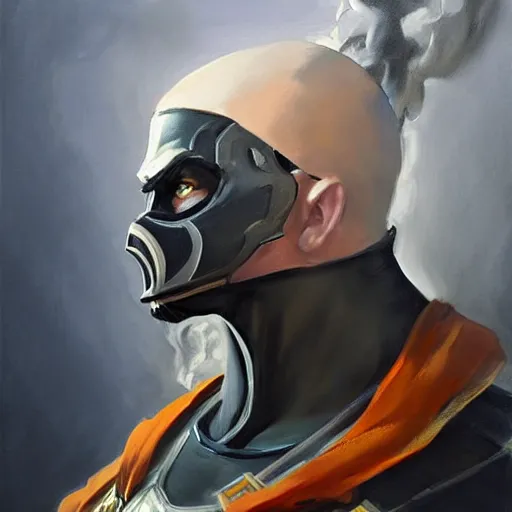 Prompt: greg manchess portrait painting of smoke from mortal kombat as overwatch character, medium shot, asymmetrical, profile picture, organic painting, sunny day, matte painting, bold shapes, hard edges, street art, trending on artstation, by huang guangjian and gil elvgren and jesper ejsing