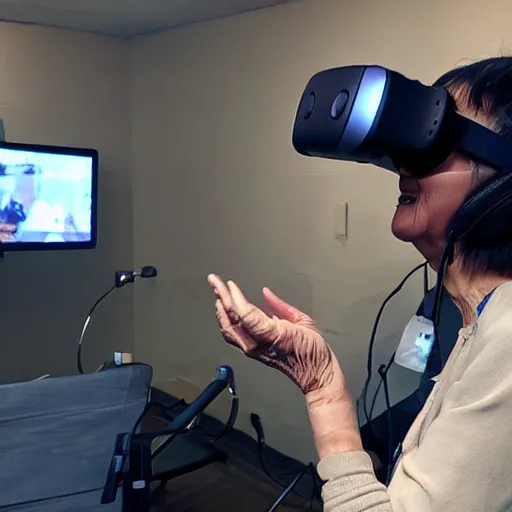Prompt: very old woman with vive trackers and vr headset recording mocap
