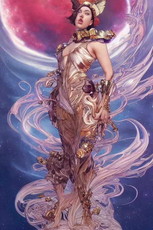 Image similar to celestial anthropomorphic puppy scarlett johansson, by artgerm and yoshitaka amano and moebius and alphonse mucha, hyperdetailed, dc comics, ornate, nebula, explosions in the sky, trending on artstation