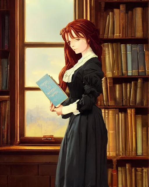 Prompt: a portrait of a victorian maid with long, flowing, auburn hair, standing in a victorian reading room, window, short bookshelf, holding a stack of books, vivid colors, soft lighting, atmospheric, cinematic, moody, in the style of Ilya Kuvshinov and Range Murata, Krenz Cushart, oil on canvas, anime, 8K