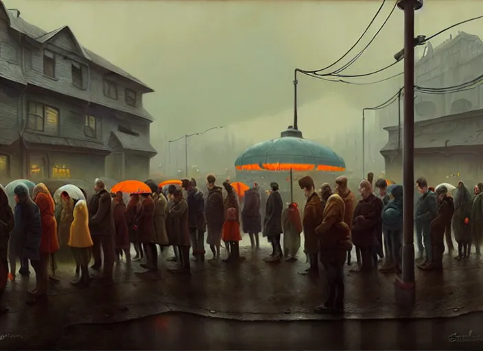 Prompt: waiting in line for cold soup by simon stalenhag and gil elvgren and tom bagshaw, highly detailed, hyperrealism, dreary, cold, cloudy, grey, rich vs. poor, high contrast