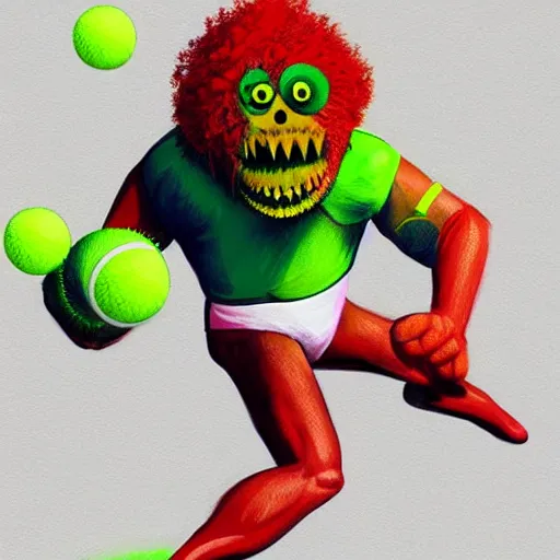 Image similar to a tennis ball monster, playing tennis, digital art, fantasy, magic, trending on artstation, ultra detailed, professional illustration by Basil Gogos