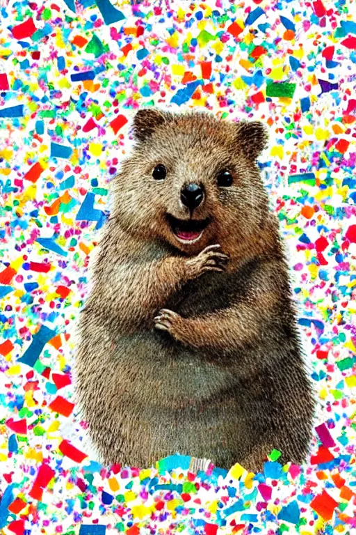 Image similar to detailed illustration, a portrait of a happy quokka on rotttnest island constructed from confetti, collage, may gibbs, layered composition, layers, texture, textured, layered, sculpted, dynamic, 🦋, 🎈,