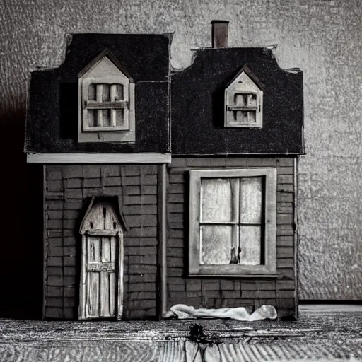 Image similar to A haunted dark moody dollhouse sitting in a large room with a red wood floor.