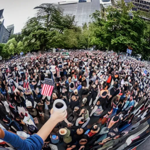 Prompt: photo of lower sock prices protest, fisheye lens,