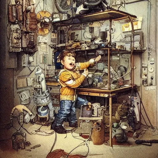 Image similar to boy in a retro space suit in a cluttered inventors shop . muted colors. by Jean-Baptiste Monge !!!!!!!!!!!!!!!!!!!!!!!!!!!!!!!!!!!!!!!!