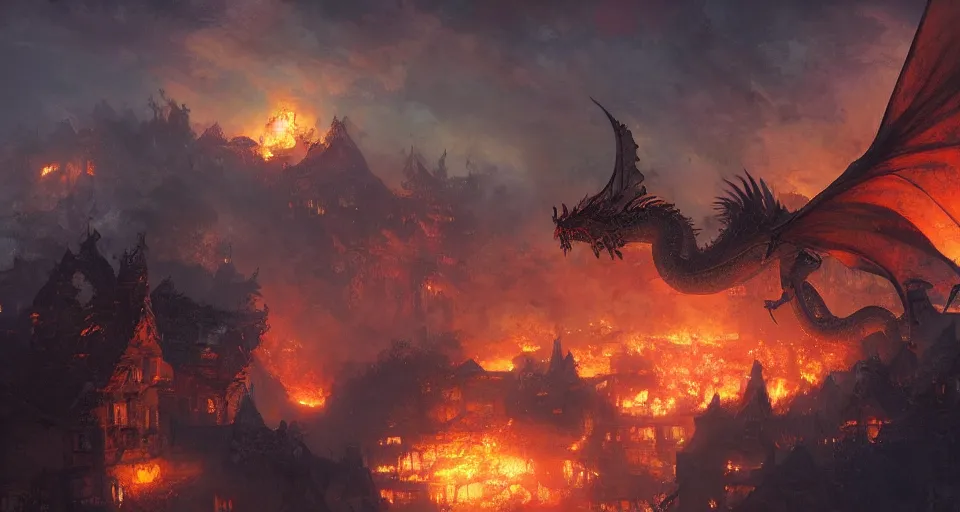 Image similar to book illustration of flying dragon above the village. Burning houses dragon fire breath. Atmospheric beautiful by Eddie mendoza and Craig Mullins. volumetric lights