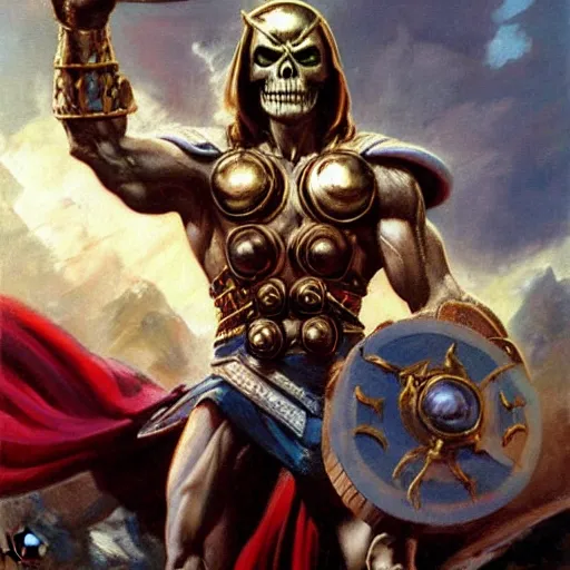 Image similar to ultra realistic portrait painting of skeletor as thor, art by frank frazetta, 4 k, ultra realistic, highly detailed, epic lighting