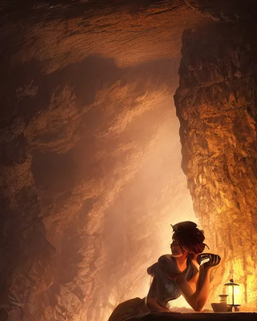 Prompt: a beautiful coalminer woman in a mine lit by kerosene lamps, pioneer work, ambient cave lighting, detailed face, by makoto shinkai, stanley artgerm lau, wlop, rossdraws