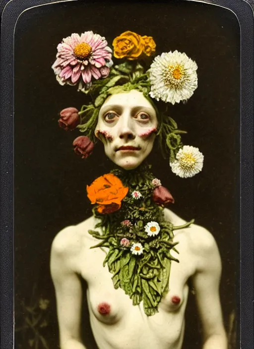 Image similar to beautiful and detailed rotten woman made of plants and many types of stylized flowers like carnation, daisy, chrysanthemum, anemone, roses and tulips, intricate, surreal, john constable, gustave courbet, caravaggio, romero ressendi, bruno walpoth 1 9 1 0 polaroid photo