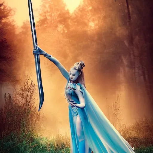 Image similar to magazine photo shoot of a fairy princess holding a sword, art photography, cinematic lighting, epic, fantasy, beautiful, stunning, gorgeous