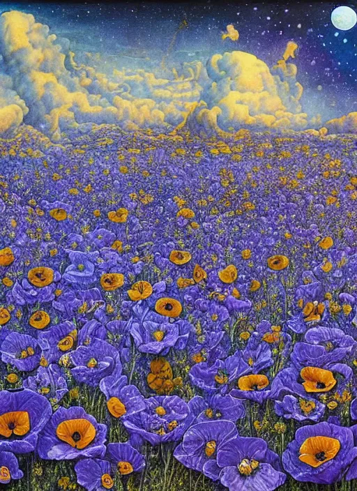 Image similar to detailed, intricate blue black and purple papaverum flower on the field, nebula, galaxy in the sky, winning award masterpiece, fantastically beautiful, illustration, aestheticly inspired, jacek yerka, upscale with anguissola sofonisba work, artstation, 8 k