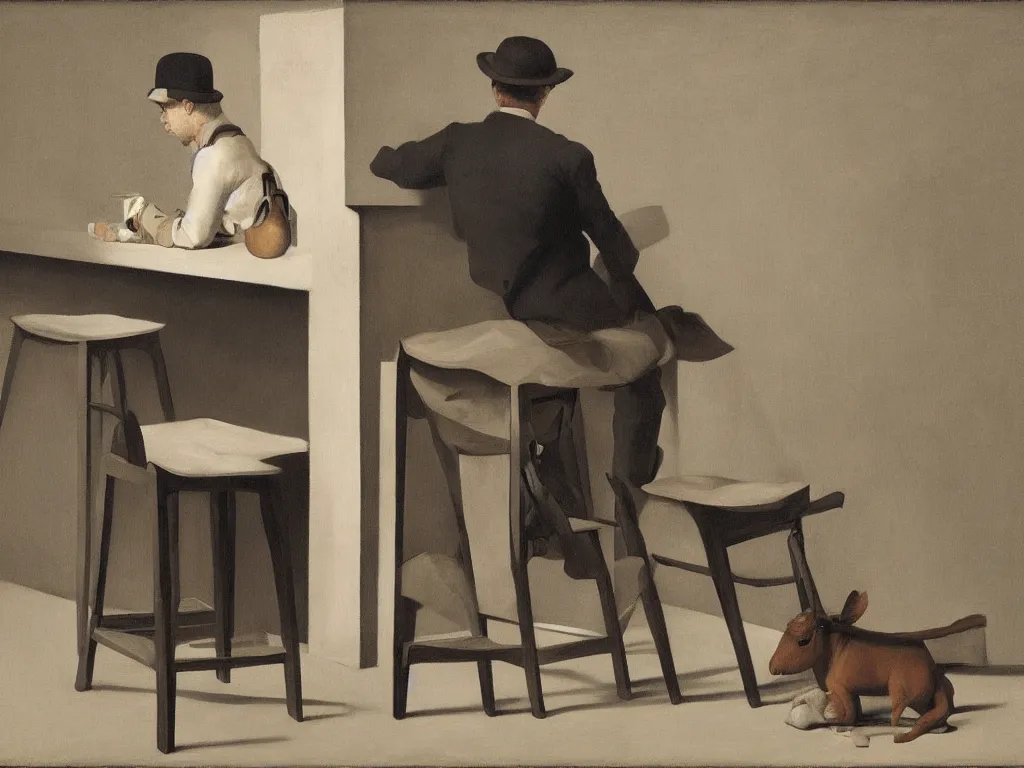 Image similar to a mule and a barstool by Raphael, Hopper, and Rene Magritte. detailed, romantic, enchanting, trending on artstation.