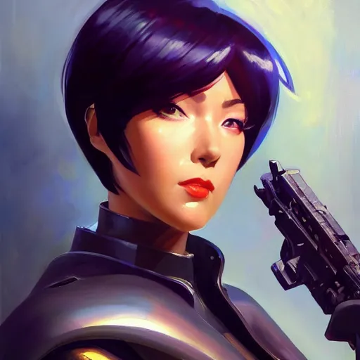 Image similar to greg manchess portrait painting of partially armored motoko kusanagi aka major as overwatch character, medium shot, asymmetrical, profile picture, organic painting, sunny day, matte painting, bold shapes, hard edges, street art, trending on artstation, by huang guangjian and gil elvgren and sachin teng