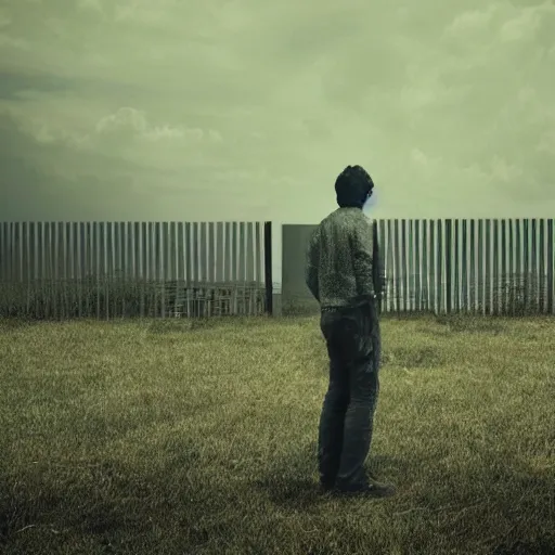 Image similar to a man standing in front of a fence with barbed wire, minimalism, dystopian art, retrofuturism