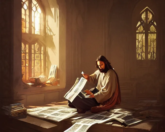 Prompt: photography of jesus christ sitting a toilet reading newspaper about terrorists, deep focus, d & d, fantasy, intricate, elegant, highly detailed, simple background, digital painting, artstation, concept art, matte, sharp focus, illustration, hearthstone, art by artgerm and greg rutkowski and alphonse mucha