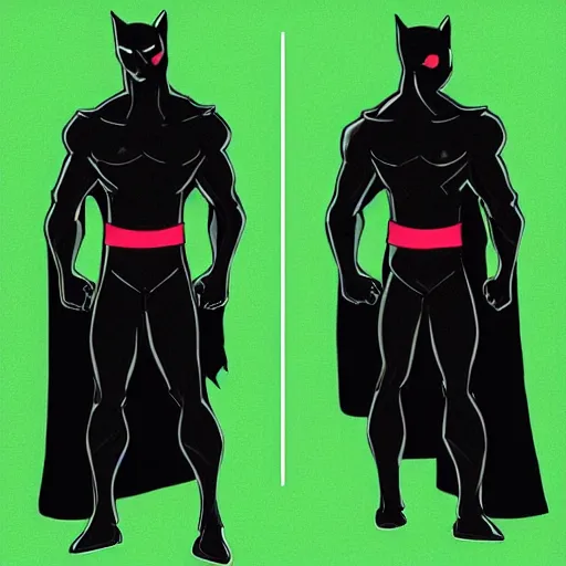 Prompt: dark - skinned superhero with a black suit and very minimal green details, his power comes from a ring that gives him mutant - like powers and a spectacular mask as a weapon he has an expandable staff. he wears no cape. he has a belt as a feline tail.