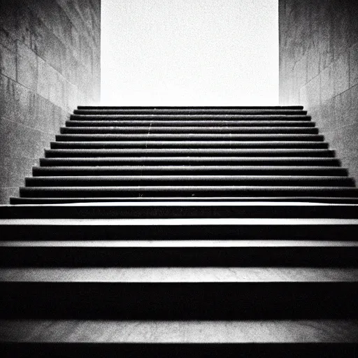 Image similar to black and white surreal photograph, highly detailed vast space made of stairsteps, sideview, detailed textures, natural light, mist, architecture photography, film grain, soft vignette, sigma 1 4 mm f / 1. 4 1 / 1 0 sec shutter, imax 7 0 mm footage