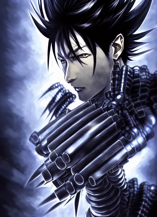 Image similar to a detailed manga full body portrait illustration of a dark spiky haired cyborg anime man surrounded by dark steam by hirohiko araki, detailed artwork, realism, 4 k resolution, detailed, high quality, sharp focus, hq artwork, insane detail, volumetric lighting, character concept art, fine details, clear subject, central subject