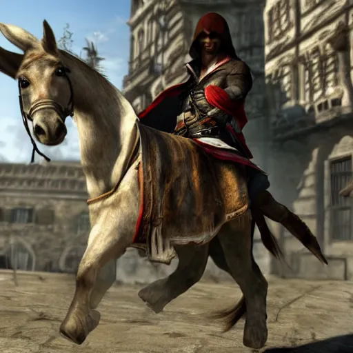 Prompt: photograph of Assassin’s Creed ezio riding a donkey