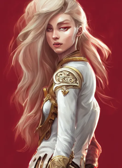 Prompt: a highly detailed illustration of beautiful long dirty blonde haired pale girl wearing epaulette uniform wearing white pants, red eyes, intricate, elegant, highly detailed, centered, digital painting, artstation, concept art, smooth, sharp focus, league of legends concept art, WLOP