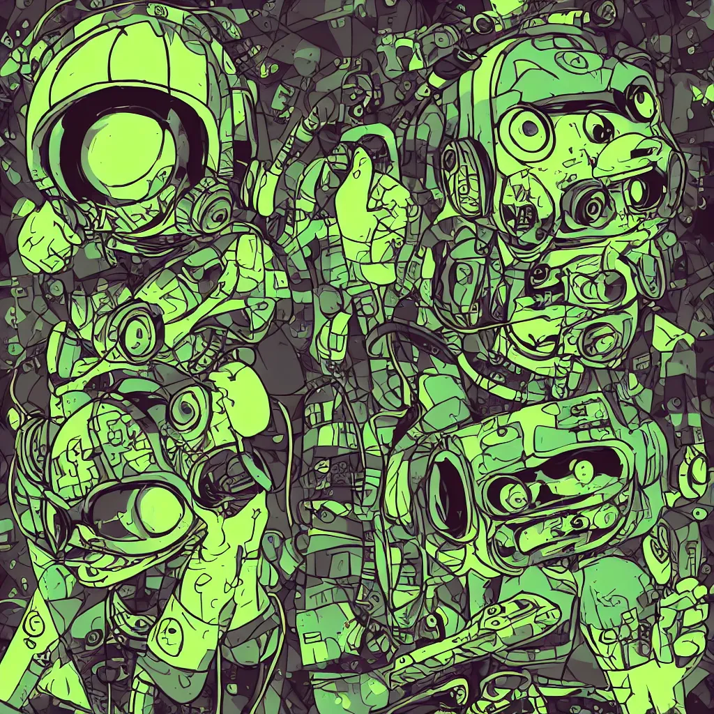 Image similar to a toad wearing headphones, ryuta ueda artwork, breakcore, style of jet set radio, y 2 k, gloom, space, cel - shaded art style, sacred geometry, data, minimal, code, cybernetic, dark, eerie, cyber