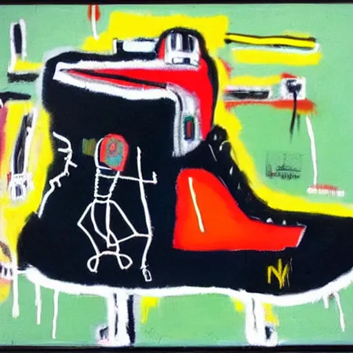 Image similar to basquiat oil painting of robot sneakers, balenciaga,