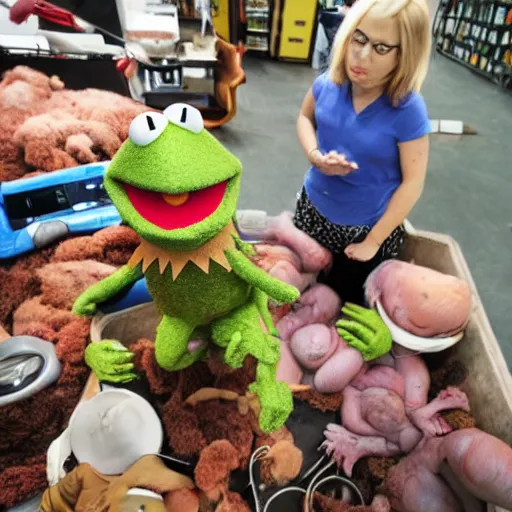 Image similar to muppet looking at a pile of human internal organs