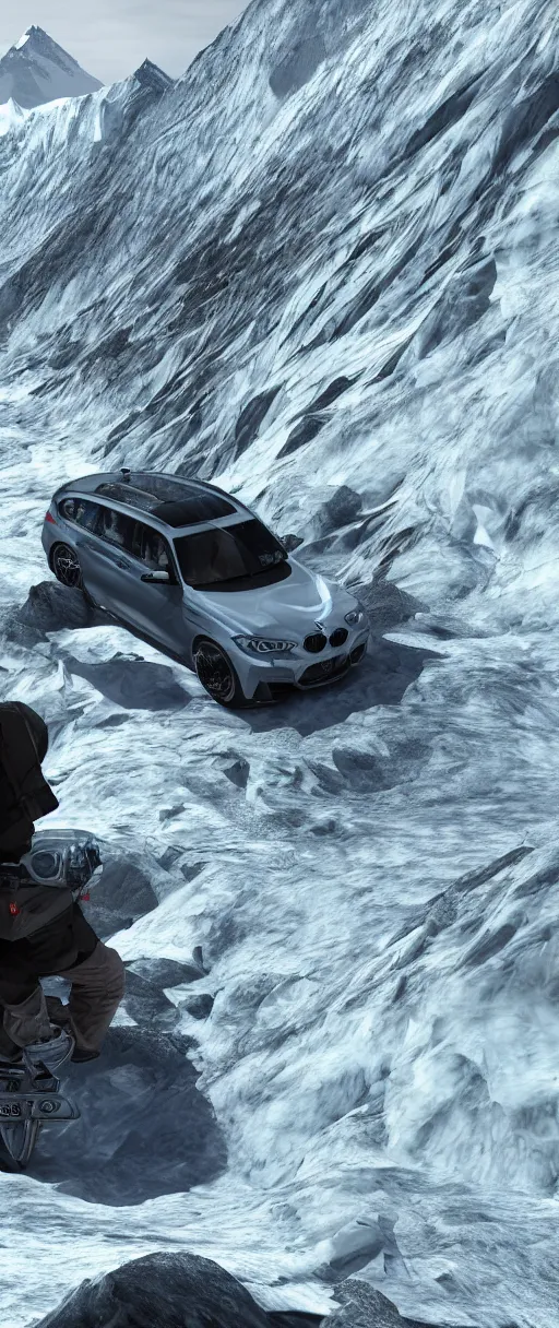 Prompt: bmw with eyes and legs instead of wheels climbing everest. highres, konika, photorealistic, 3 d