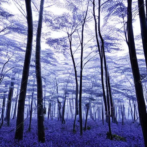 Prompt: Looking at the forest floor, An indigo forest in Japan, dark, midnight, ghostly white trees