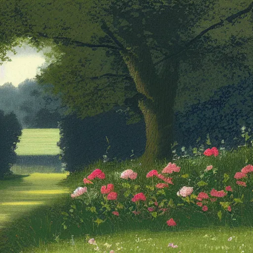 Image similar to A illustration of a beautiful landscape, delicate brushstrokes. peaceful & serene, with a gentle breeze blowing through the trees & flowers. colors are muted & gentle, calm & tranquility. well balanced & harmonious. color & composition, pleasing to the eye & calming to the soul. pixel art by Albrecht Anker, by Greg Rucka casual, experimental